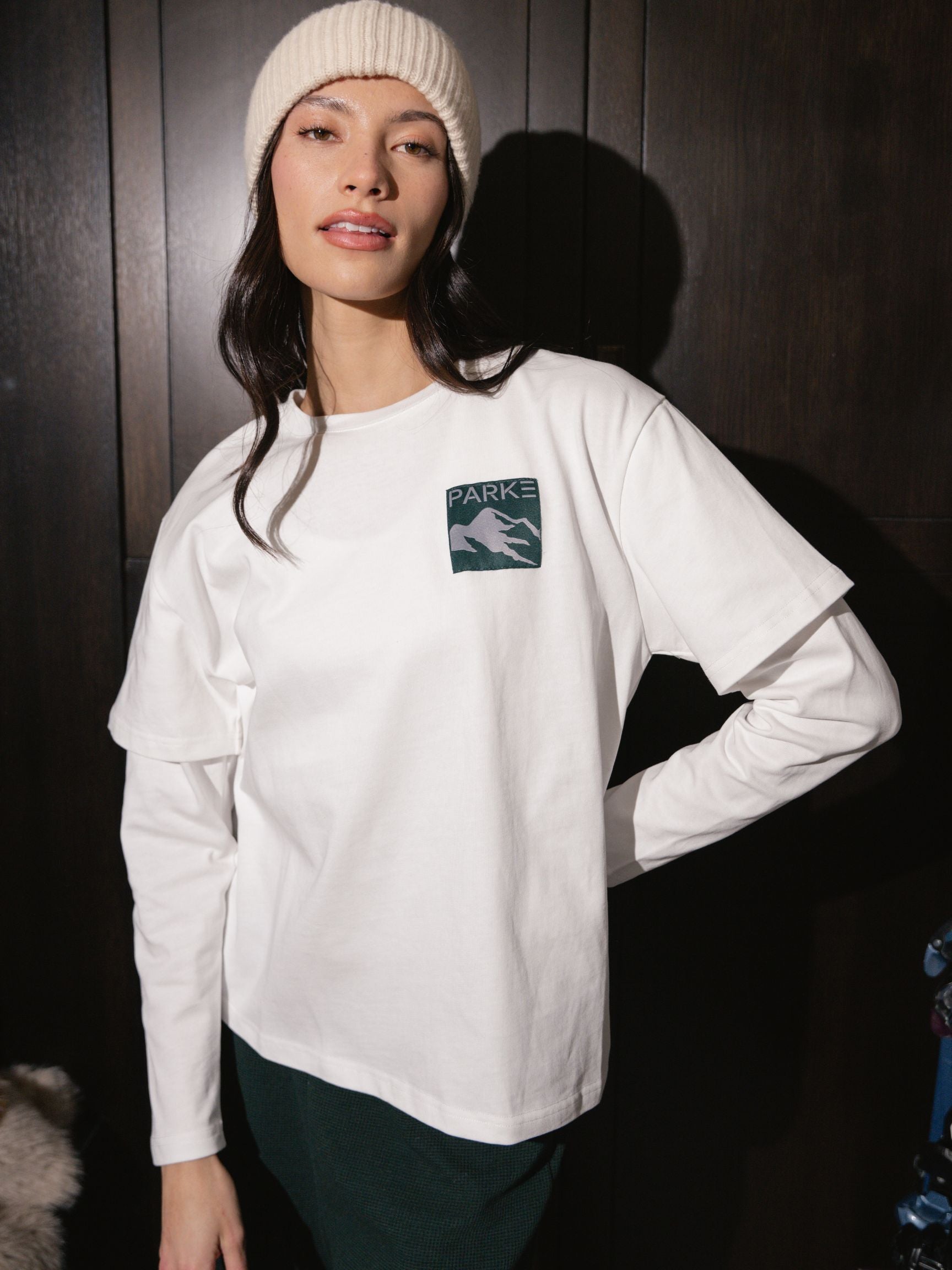 Layered Graphic Long Sleeve Shirt - White + Patch